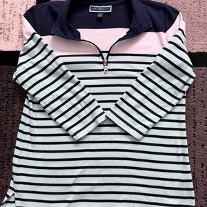 Karen Scott Green and Blue 1/4 Zip 3/4 Sleeve Striped Top